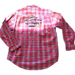 Bleached Plaid Upcycled Shirt: Plus Size Western Top with Inspirational Quote